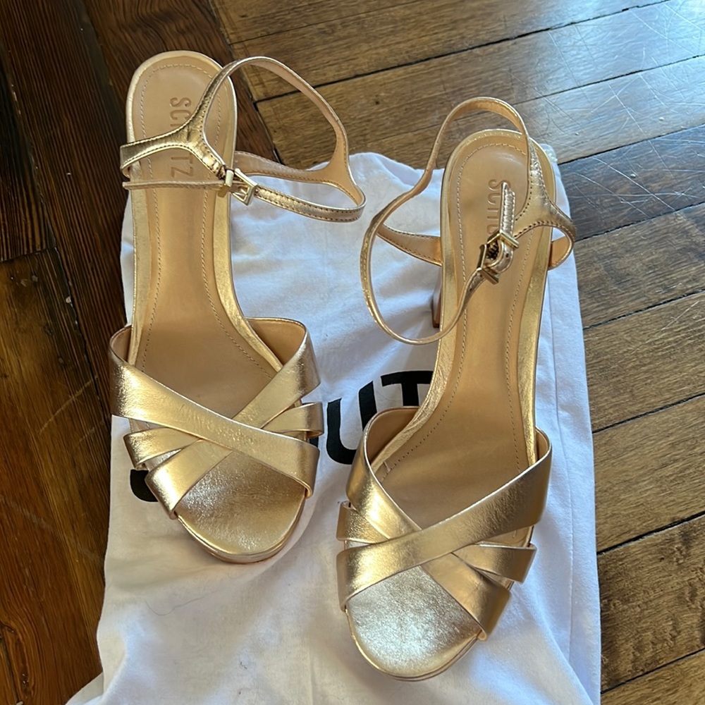 SCHUTZ Keefa Platform Sandal Heels Platina Gold Nappa Leather 9B